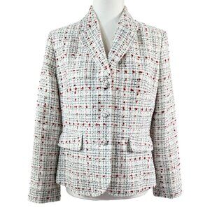 Vintage Ann Taylor White Dotted Plaid Lightweight Tweed Blazer Preppy PETITE